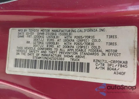 2004 Toyota Tacoma z USA, uszkodzony, nr VIN 5TEWM72N24Z325383